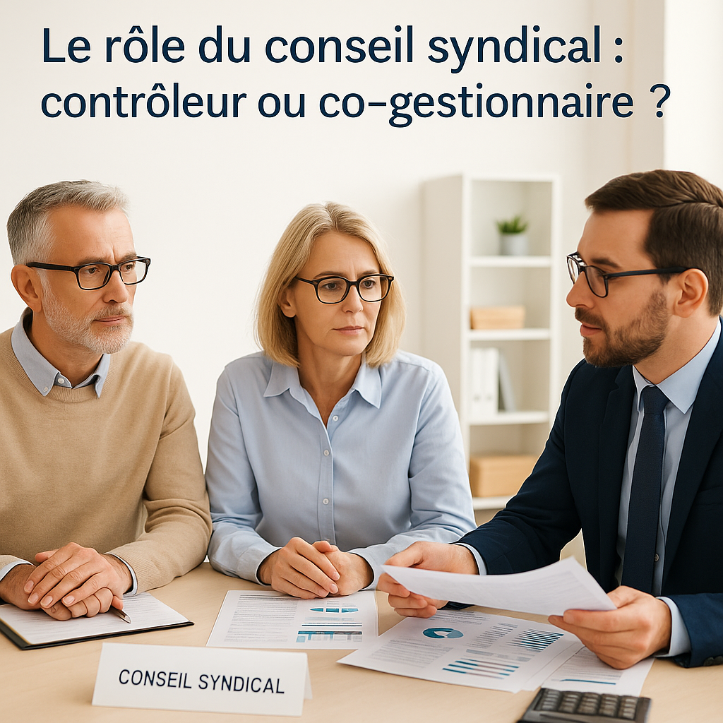 Un syndic et deux membres du conseil syndical examinent des documents de copropriété dans une salle lumineuse, illustrant leur rôle de contrôle et de collaboration.