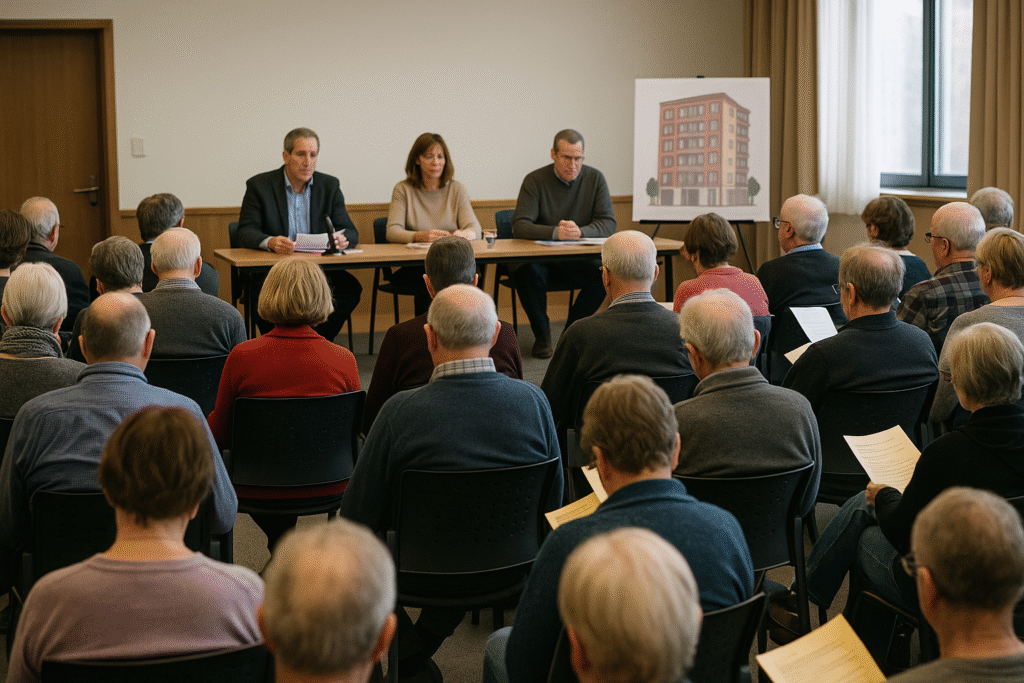 Assemblée générale de copropriété : des copropriétaires réunis dans une salle pour discuter des décisions de gestion et des travaux de leur immeuble.