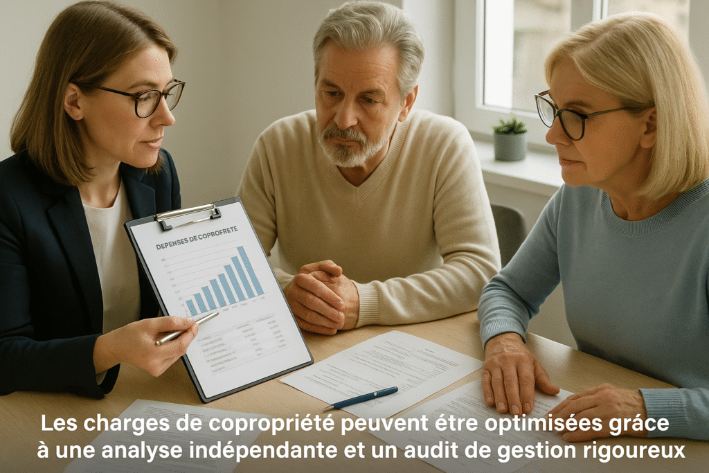 Une experte en gestion immobilière présente à deux copropriétaires un graphique sur les dépenses de copropriété, illustrant l’importance d’un audit pour optimiser les charges.