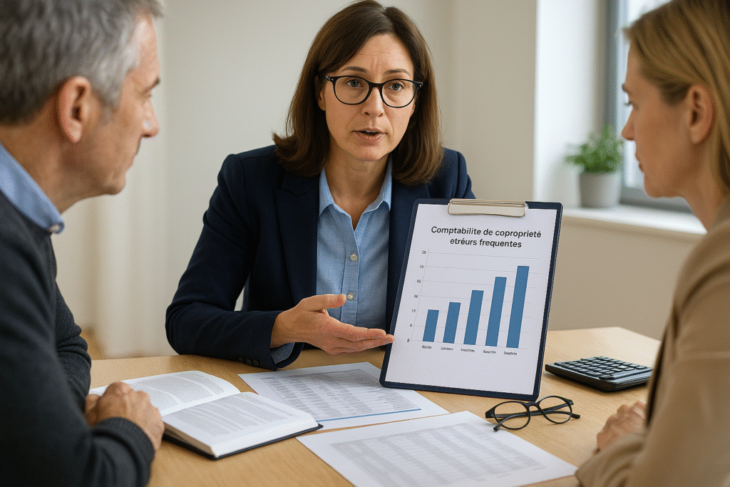 Une experte en gestion immobilière présente un graphique de comptabilité de copropriété à deux copropriétaires, dans une salle claire et moderne, illustrant les erreurs fréquentes à éviter.