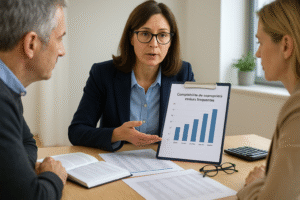 Une experte en gestion immobilière présente un graphique de comptabilité de copropriété à deux copropriétaires, dans une salle claire et moderne, illustrant les erreurs fréquentes à éviter.