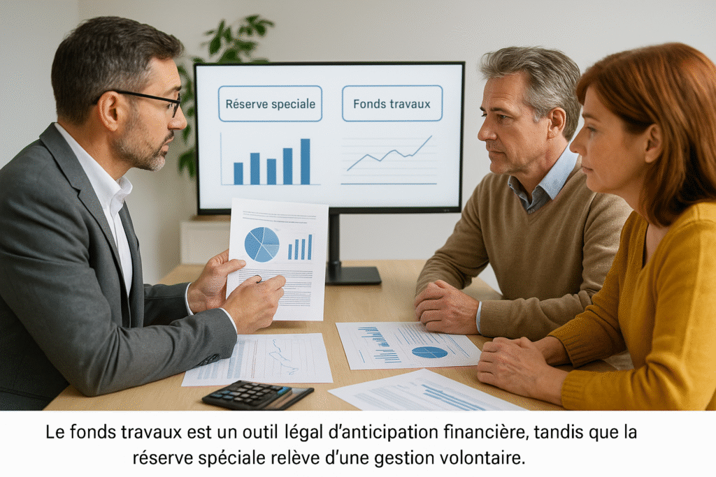 Un expert en gestion immobilière explique à des copropriétaires la différence entre réserve spéciale et fonds travaux, devant un écran affichant des graphiques financiers.