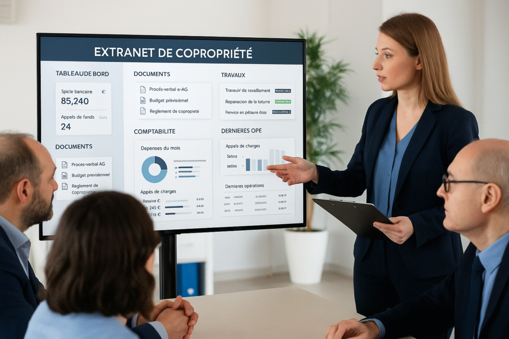 Une gestionnaire de copropriété présente un extranet de copropriété sur un grand écran à plusieurs copropriétaires lors d’une réunion dans un bureau moderne et lumineux.