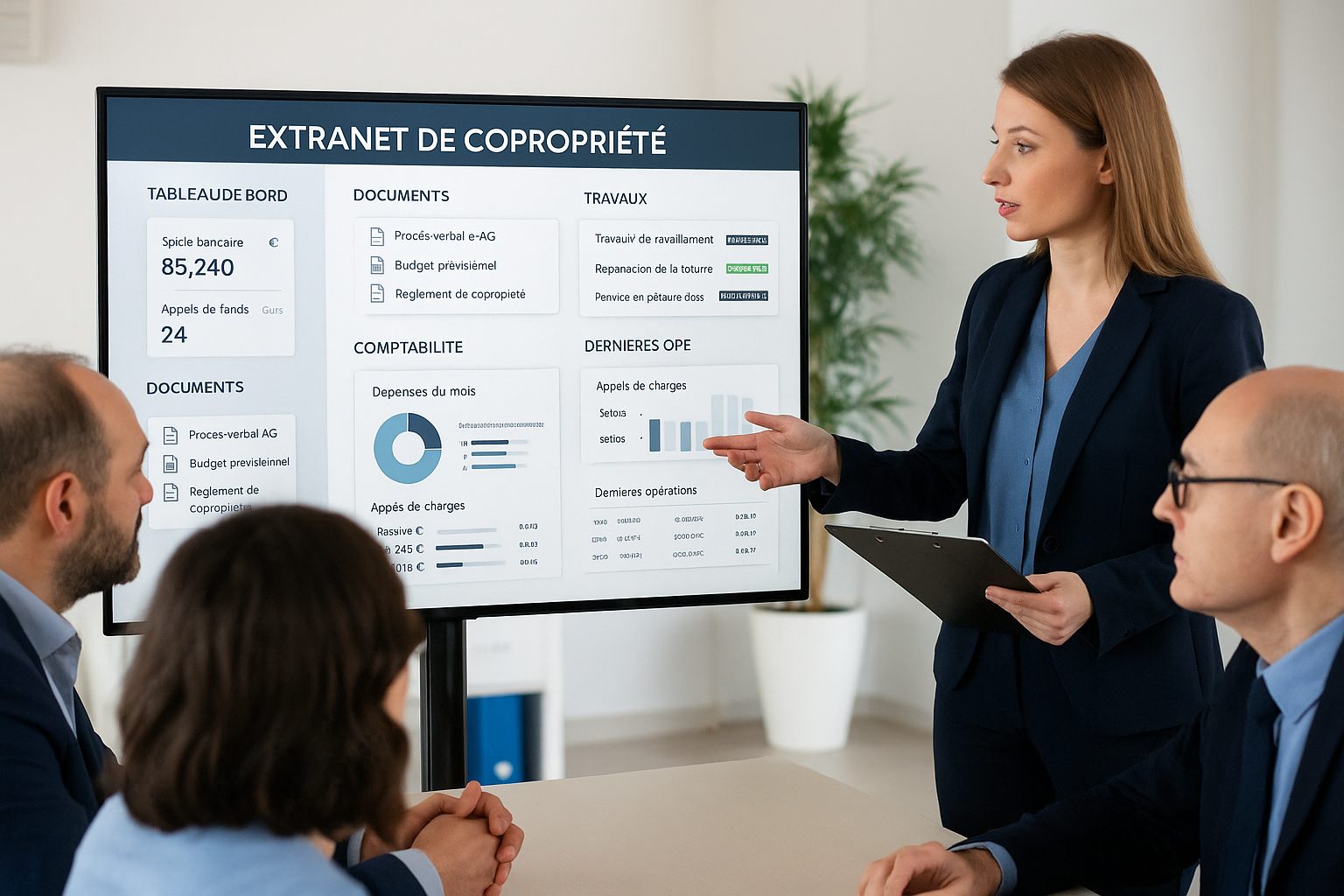 Une gestionnaire de copropriété présente un extranet de copropriété sur un grand écran à plusieurs copropriétaires lors d’une réunion dans un bureau moderne et lumineux.