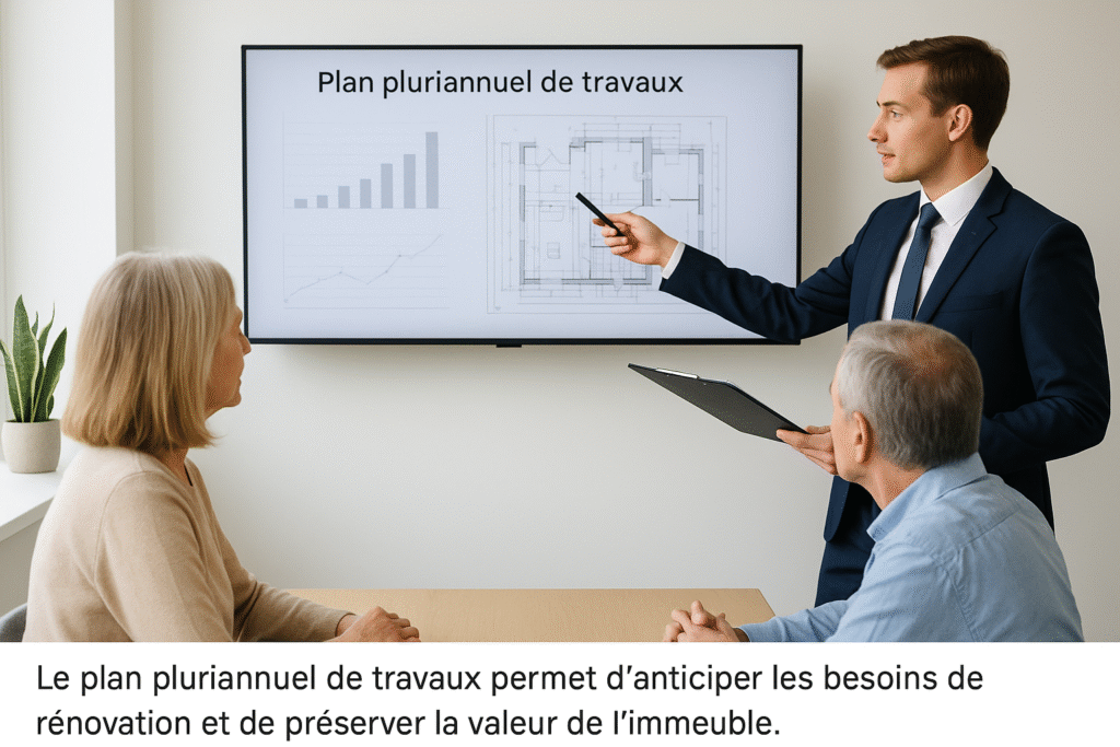 Un expert en copropriété présente un plan pluriannuel de travaux sur un écran à deux copropriétaires, illustrant la planification à long terme imposée par la loi Climat et Résilience.