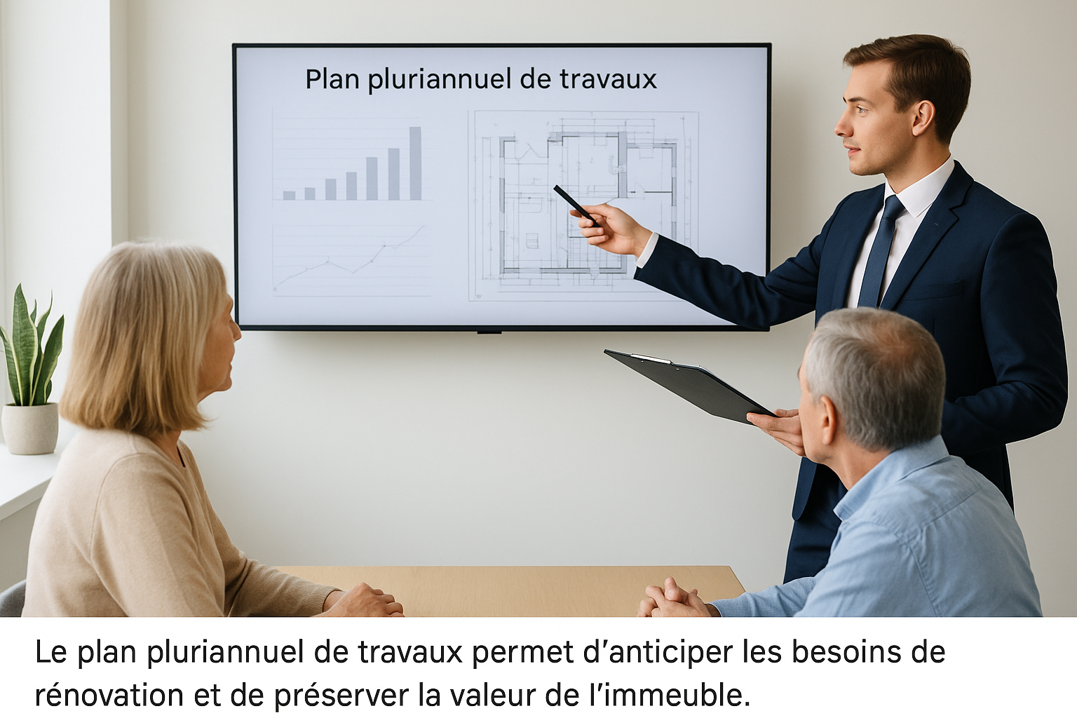 Un expert en copropriété présente un plan pluriannuel de travaux sur un écran à deux copropriétaires, illustrant la planification à long terme imposée par la loi Climat et Résilience.