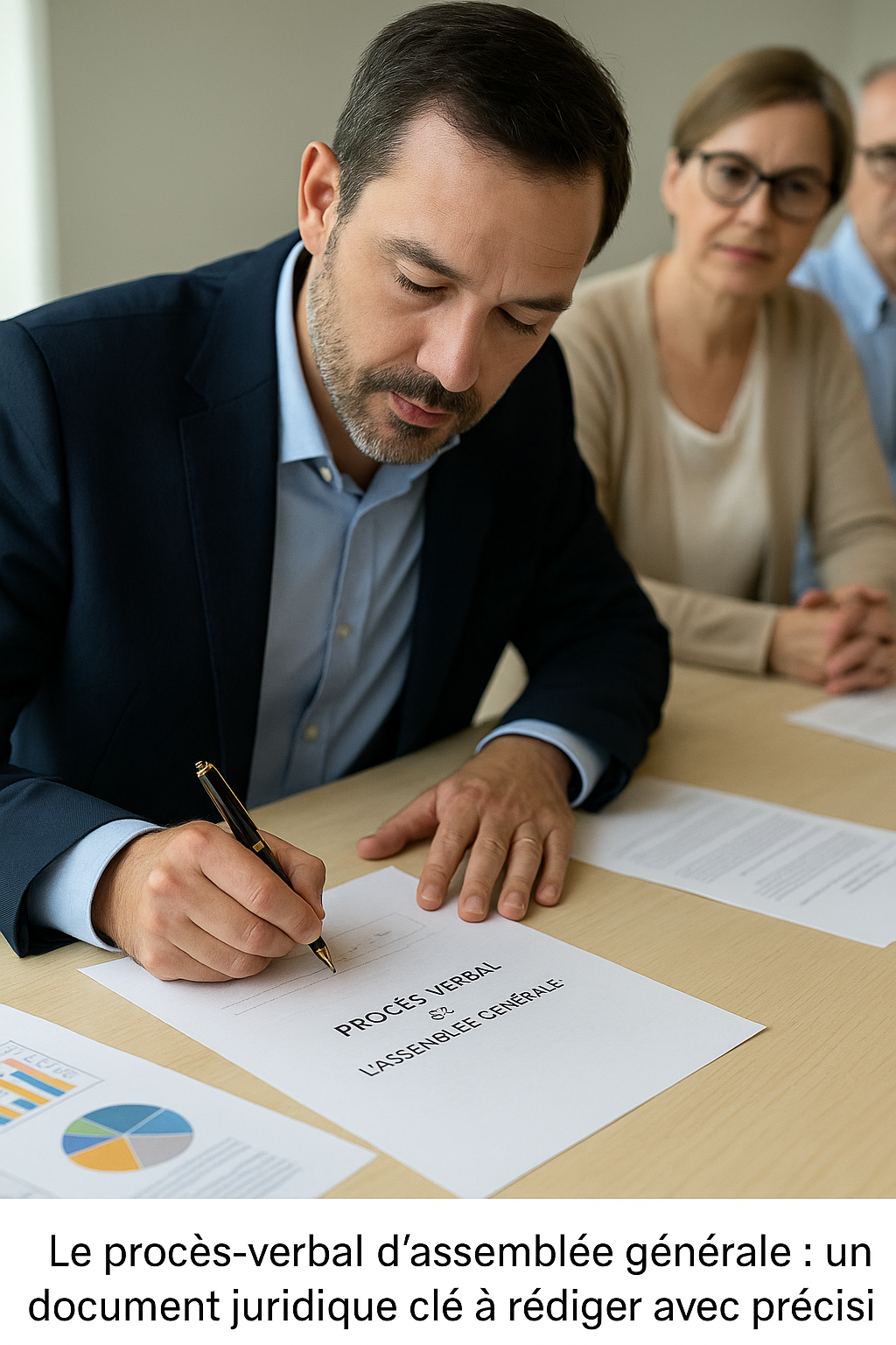 Un syndic signe le procès-verbal d’assemblée générale sous le regard attentif de copropriétaires, illustrant la rigueur et la traçabilité nécessaires en copropriété.