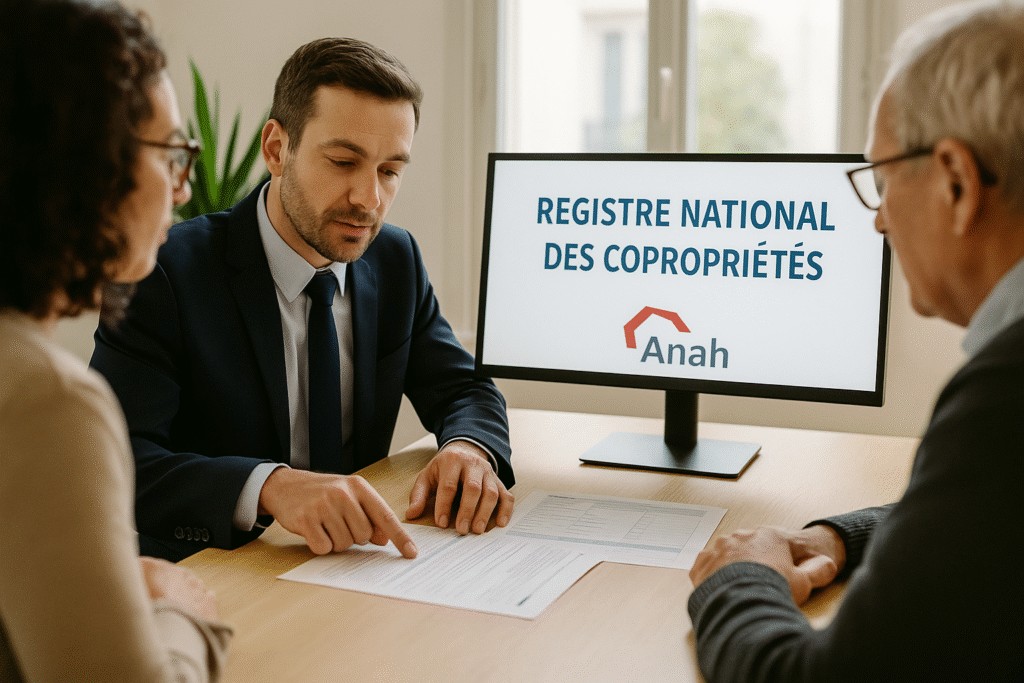 Un syndic explique à deux copropriétaires la procédure d’immatriculation au registre national des copropriétés, avec l’écran affichant le logo de l’Anah.