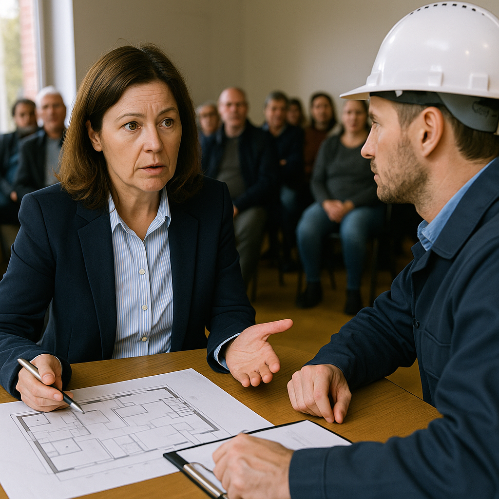 Une gestionnaire de copropriété discute d’un devis de travaux avec un professionnel du bâtiment pendant une réunion de copropriétaires.