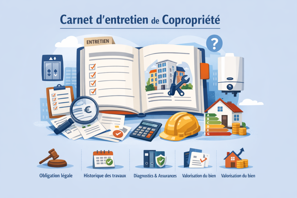 Illustration du carnet d’entretien de copropriété avec suivi des travaux, diagnostics et obligations légales