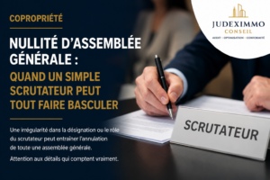 Illustration d’une assemblée générale de copropriété avec documents de vote et notion de nullité juridique liée au scrutateur.