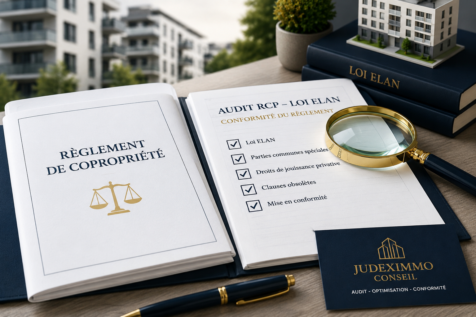 Audit de conformité du règlement de copropriété selon la loi ELAN – analyse juridique documentaire par Judeximmo Conseil