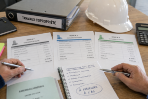 Comparaison de plusieurs devis de travaux en copropriété par un conseil syndical avant une assemblée générale.