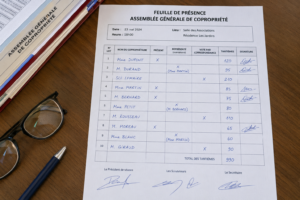 Feuille de présence en assemblée générale de copropriété avec vérification des pouvoirs, votes par correspondance et tantièmes