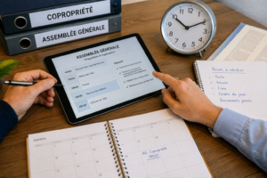 Conseil syndical discutant de l'heure de l'assemblée générale avec le syndic pour favoriser la participation des copropriétaires