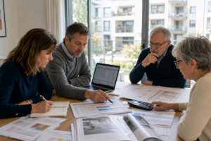 Conseil syndical examinant le coût global d'un chantier de copropriété avec devis, budget et documents financiers