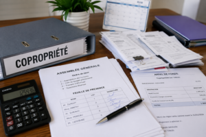 Syndic bénévole et copropriétaires d’une petite copropriété examinant les documents de gestion