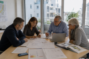 Conseil syndical analysant plusieurs devis de travaux avant une assemblée générale de copropriété